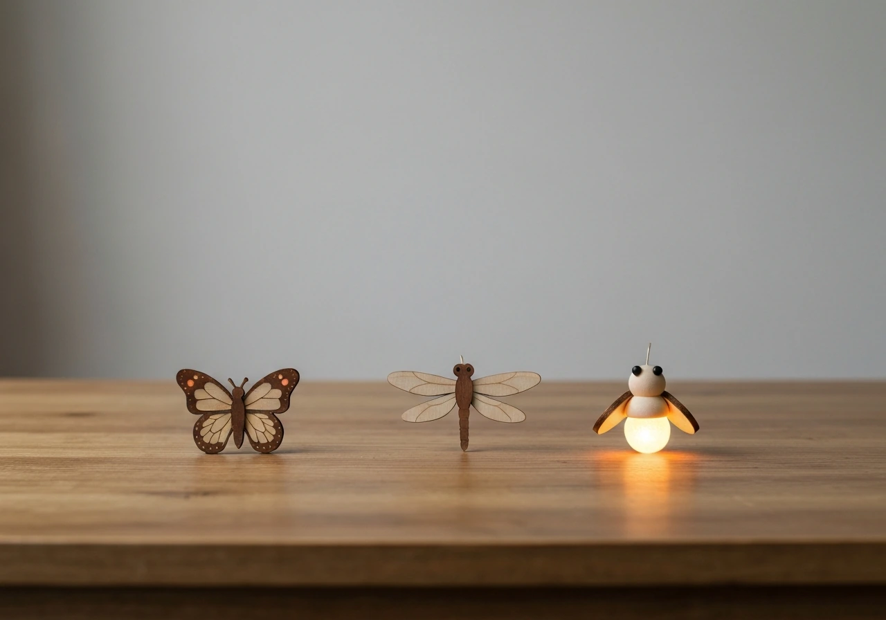 Minimal tabletop scene with butterfly, dragonfly, and softly glowing firefly ornaments.