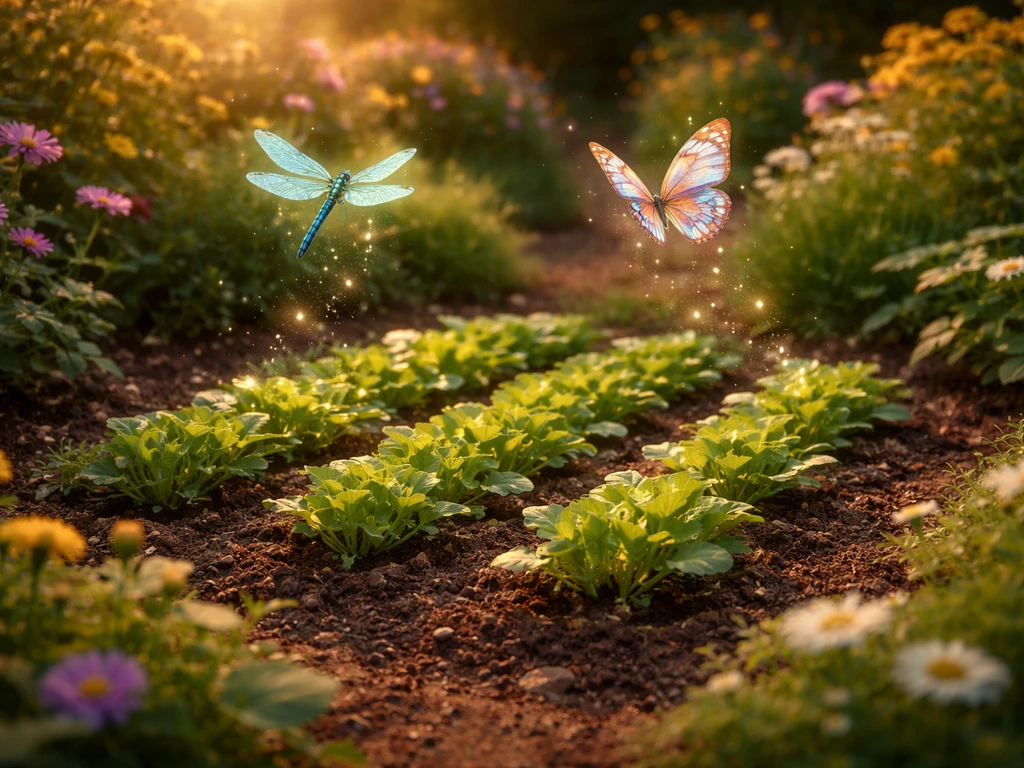 Lush garden crops with a hovering dragonfly and butterfly above them, hinting at optimal growth choices.