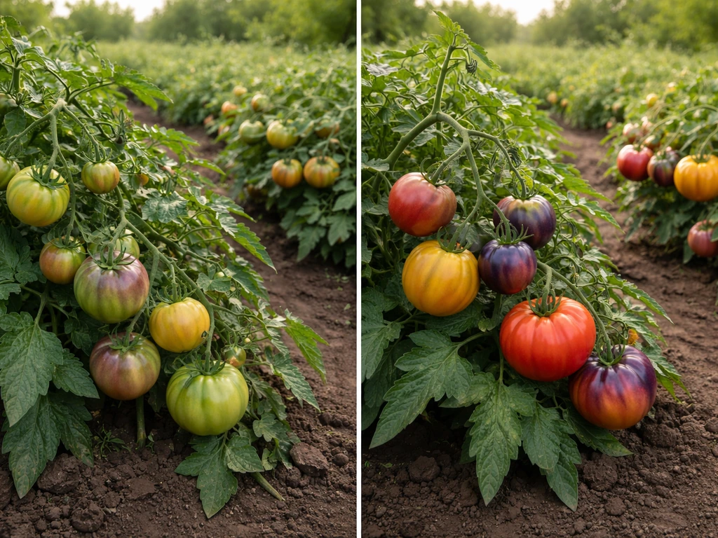 Split-screen of two simple farm scenes: one with stable crop mutations, one with higher-tier fruit from upgrades.