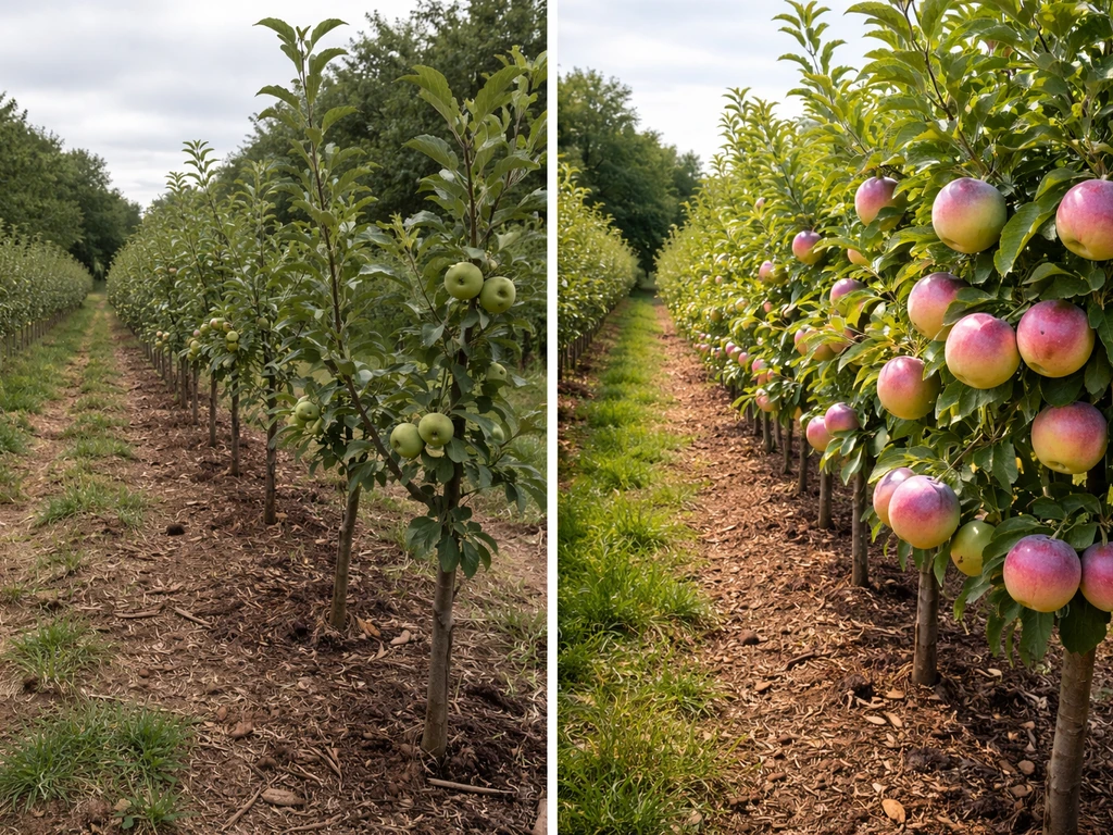Split-scene farm setup: early small fruit plants on left, lush rainbow-hued harvest-ready row on right.