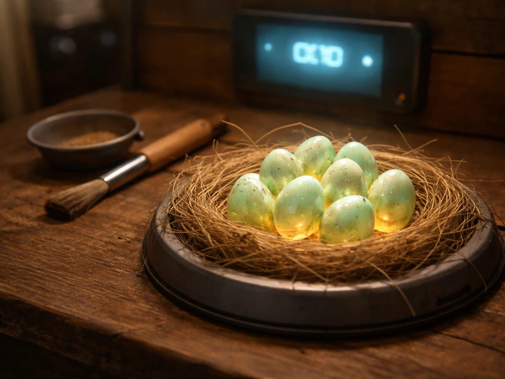 Minimal hatch-area scene with stacked bug eggs, a glowing countdown timer UI, and nearby helper tools.