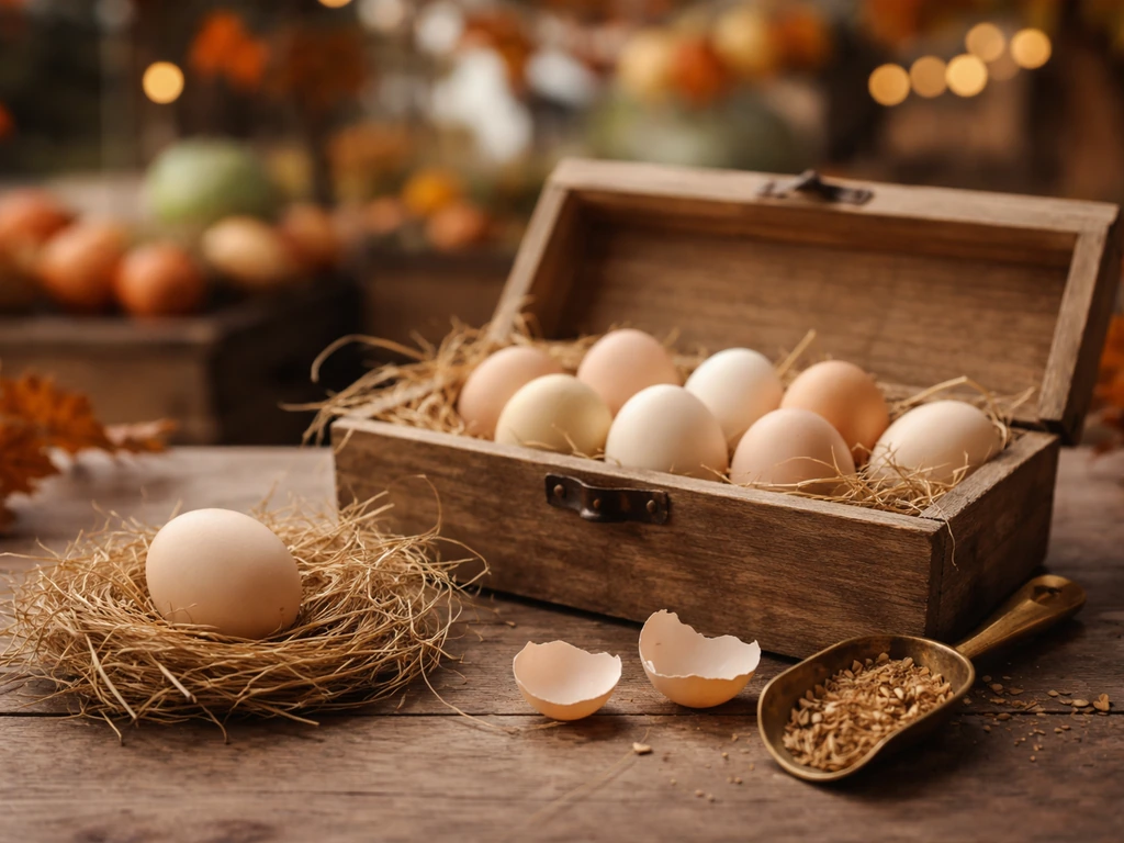 Fall Market themed Fall Egg display with a wooden hatch tray and a small egg cluster under natural light.