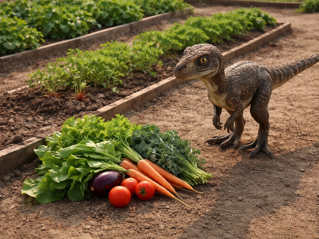 In-game raptor beside harvested garden crops, ready to be fed in a simple garden scene