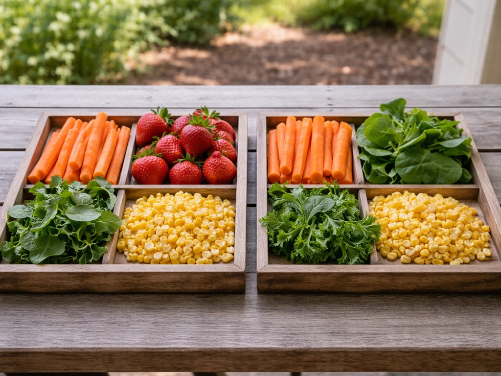 Wooden trays with neatly arranged garden crops: carrots, strawberries, corn, and greens for raptor feeding.