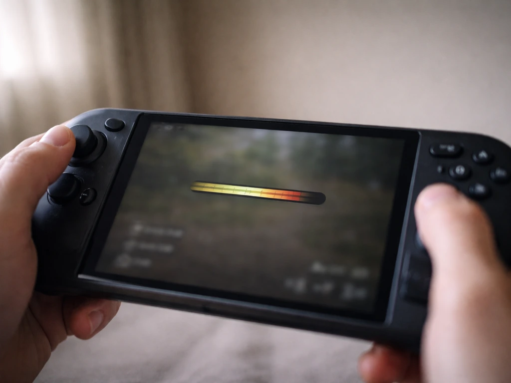 Hand holding a controller with a hunger gauge staying just above the halfway threshold.