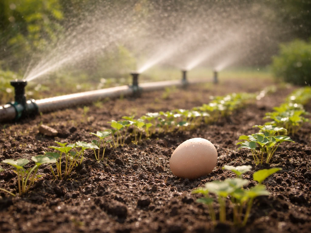 Garden sprinkler mist over soil with a single egg in the foreground between seedlings.