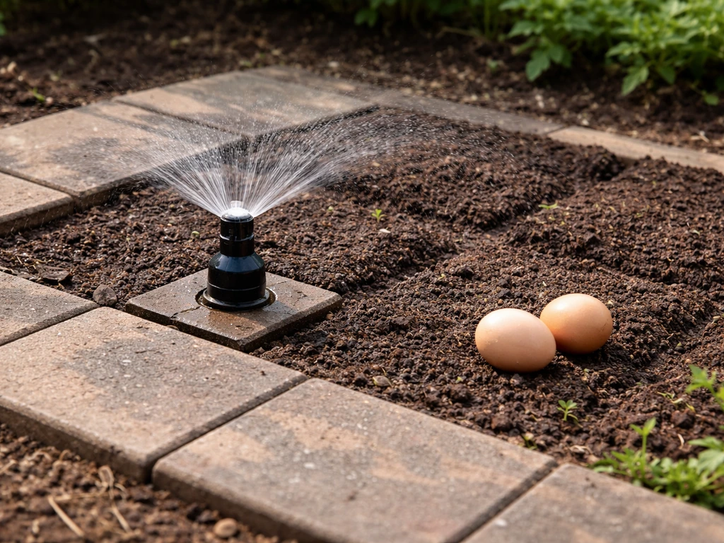In-game garden tiles with a sprinkler watering nearby eggs, no visible change to incubation.