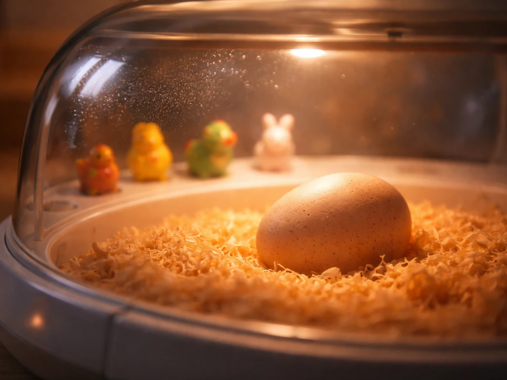 Close-up of an egg in an incubator with blurred, generic pet-icon shapes suggesting hatch-speed effects.