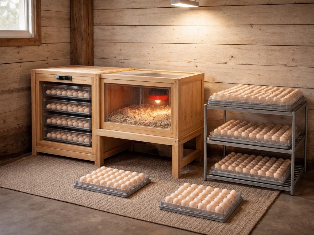 Minimal indoor farm incubation bench with an egg tray arrangement spaced for efficient hatching