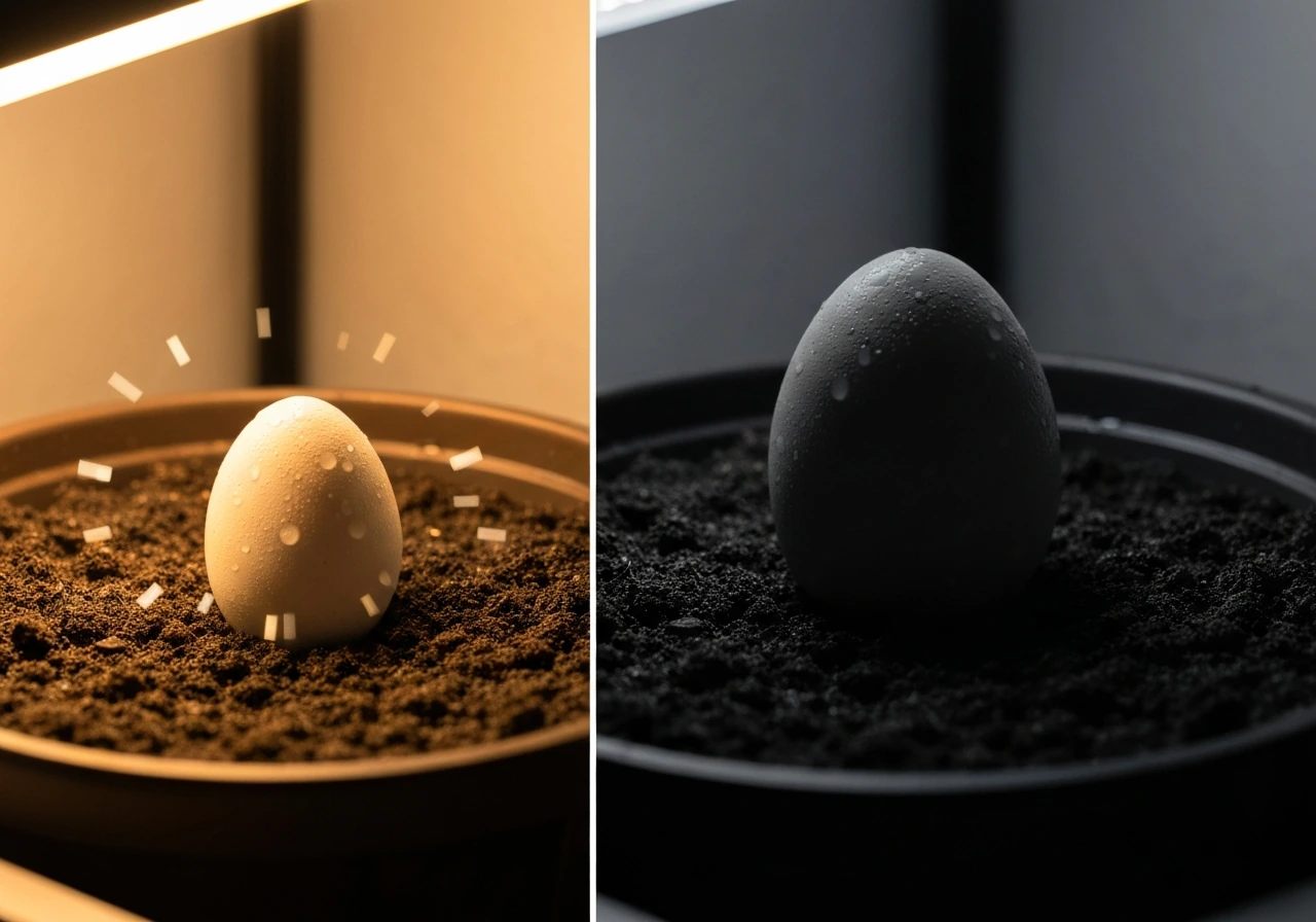 An egg incubating in soil with warm active glow contrasted against a dim offline pause lighting effect