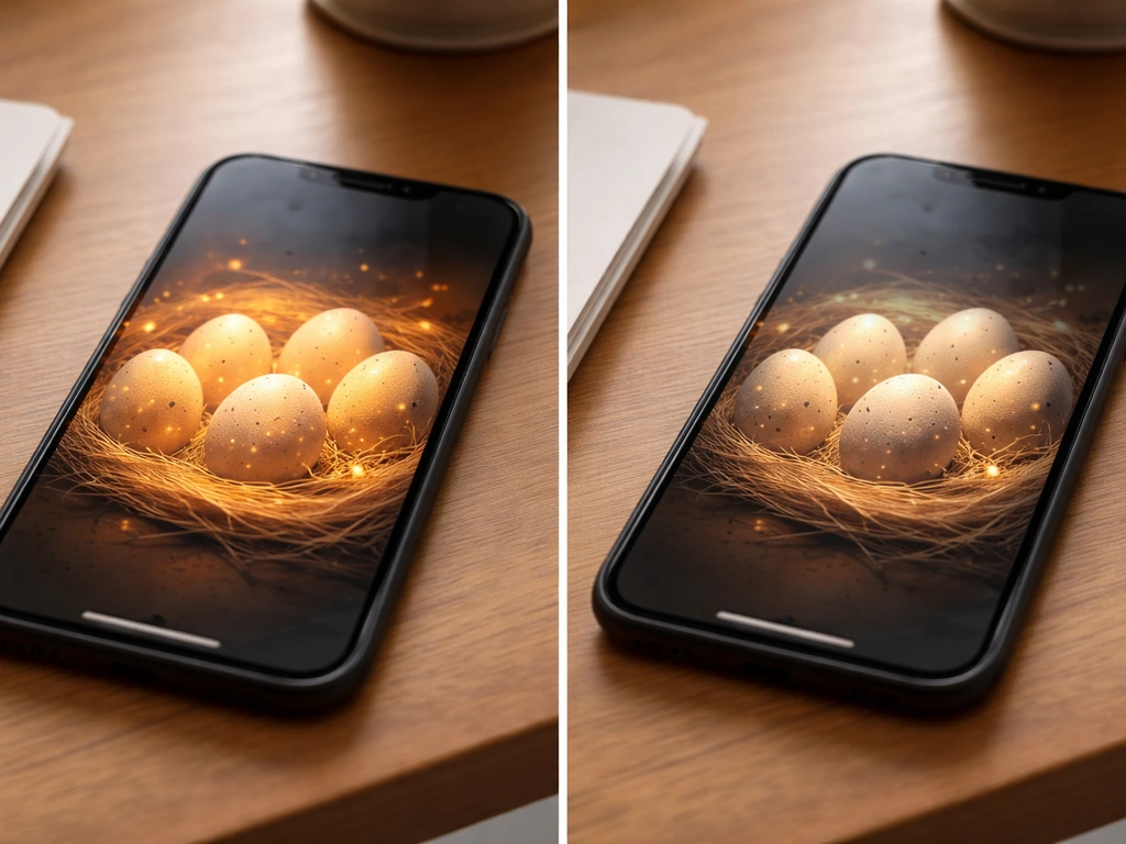 Split screen-style phone photo: eggs look actively incubating before quitting, dimmer after reopening.