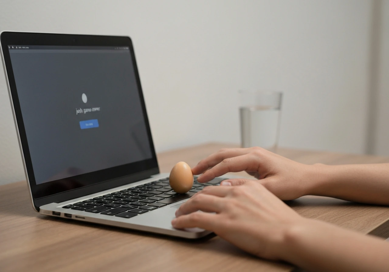 Person at a laptop joins a fresh game server, places an egg, then checks it after offline time.