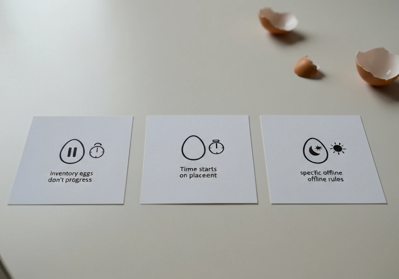Three blank myth-vs-fact cards showing egg and timer icons on a clean table.