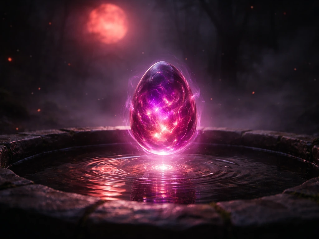 Glowing Mythic Egg hovering over a hatch pool with a faint blood-moon glow in the dark background.