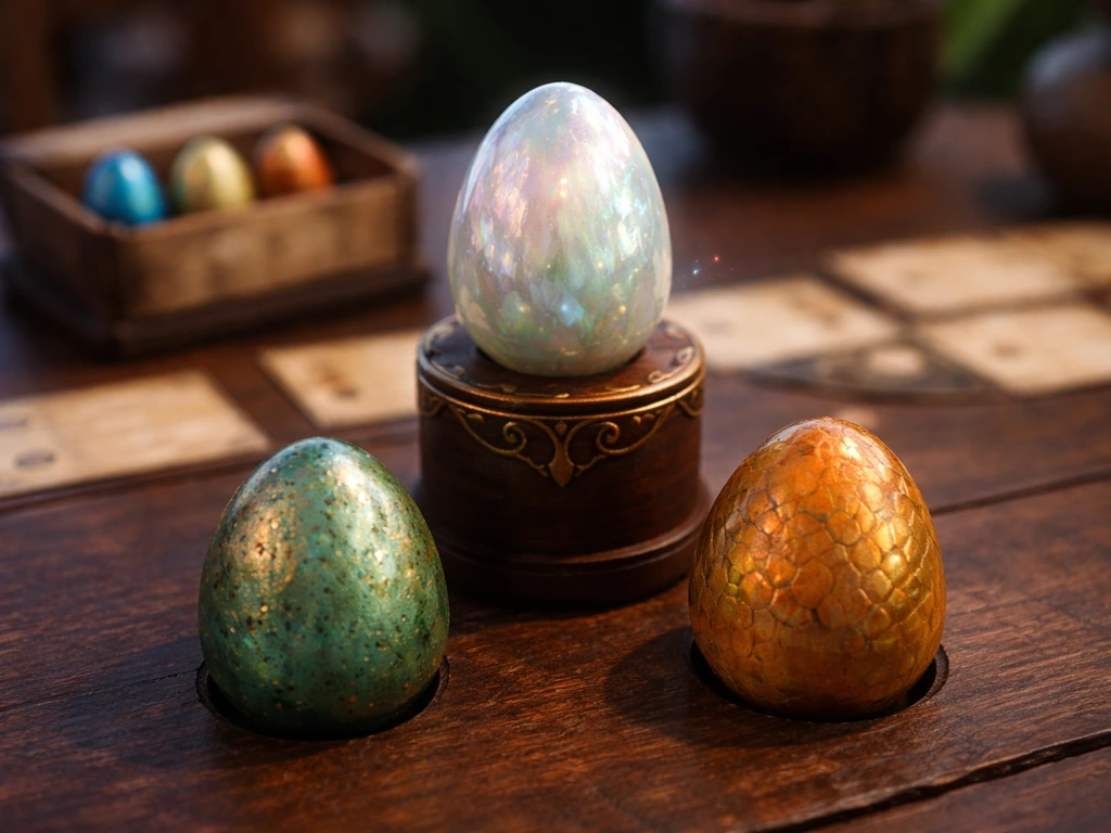 Ornate glowing egg displayed on a higher tier above two other decorative eggs in a simple shop-like setting.