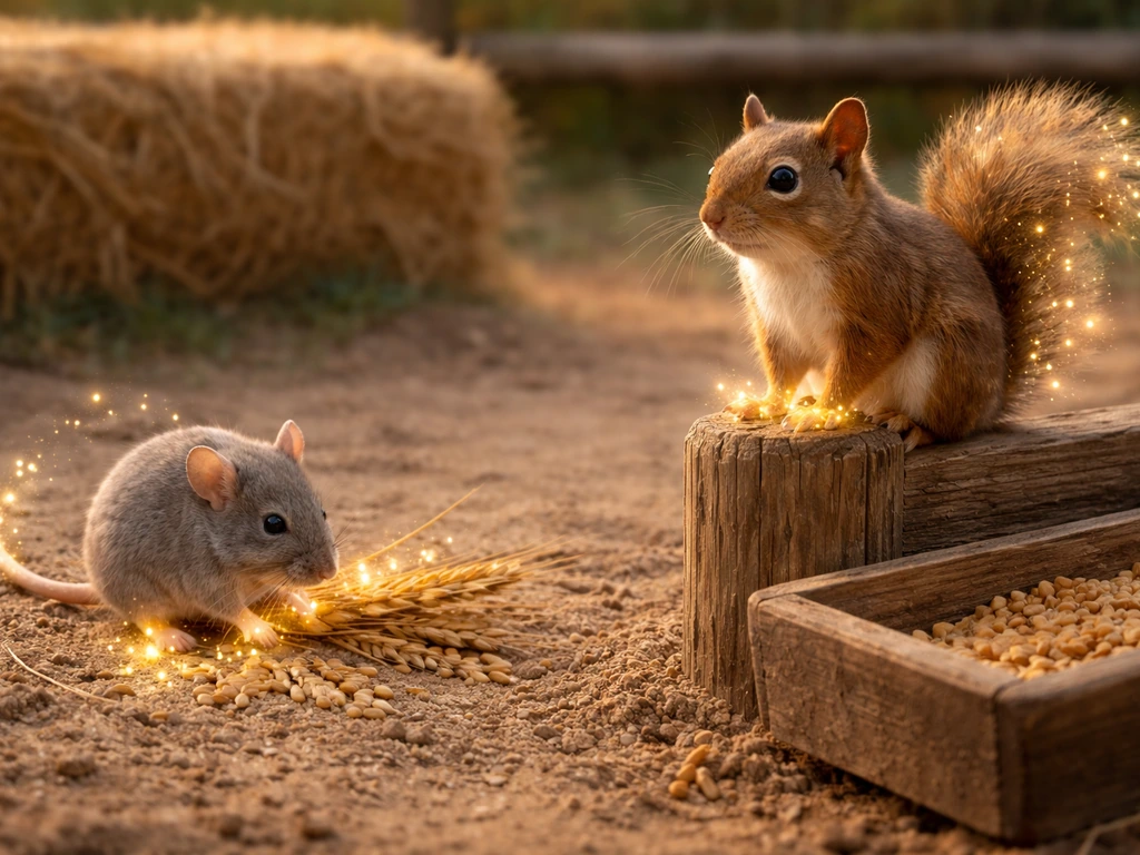 Grey mouse and squirrel near hay on a farm, with subtle glowing ability motes around them.