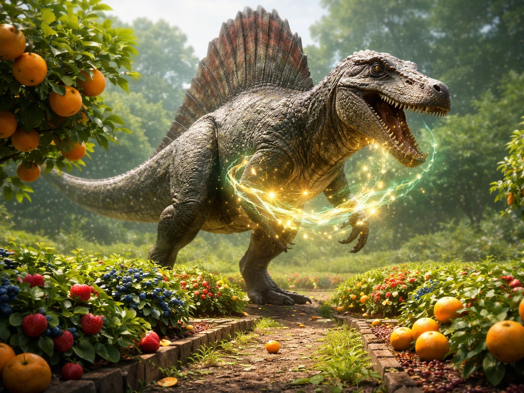Spinosaurus-like dinosaur towering over a fruit garden with a glowing devour/mutation effect around its jaw.