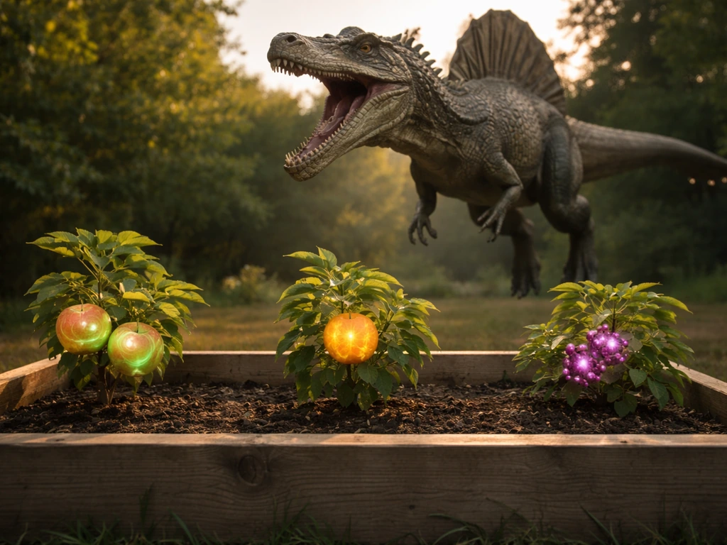 Spinosaurus hovering above a garden bed with three different mutated fruits, as it roars at them.