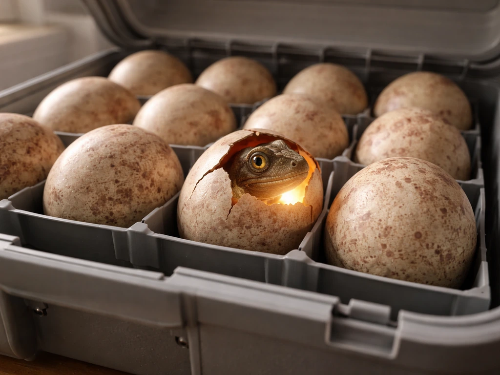 Close-up of a hatching primal egg with warm light, surrounded by stacked eggs in a simple incubator tray.
