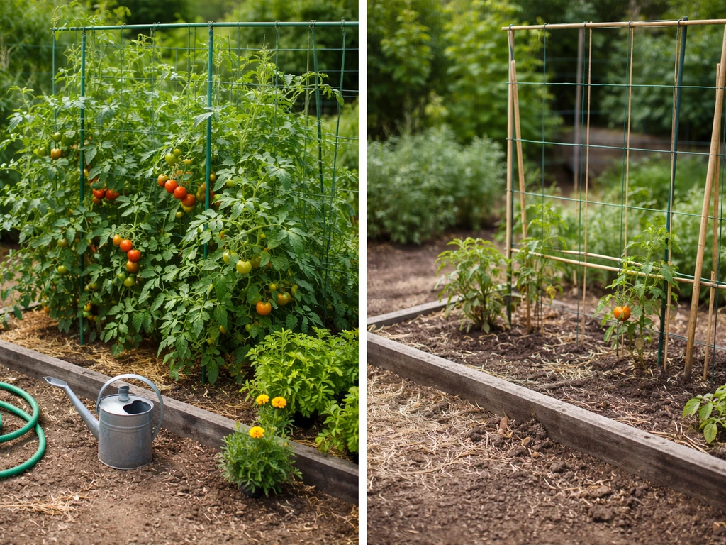 Split photo of two garden beds: left with 5+ ripening fruits, right with 4 or fewer, sparse growth.