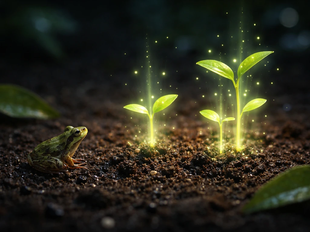 Small amphibian beside a garden bed as bright plant growth leaps forward at night in a fantasy game scene.