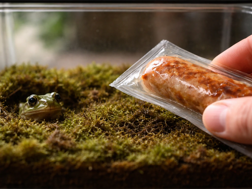Close-up of a hand holding a small piece of food beside a frog in a shallow terrarium