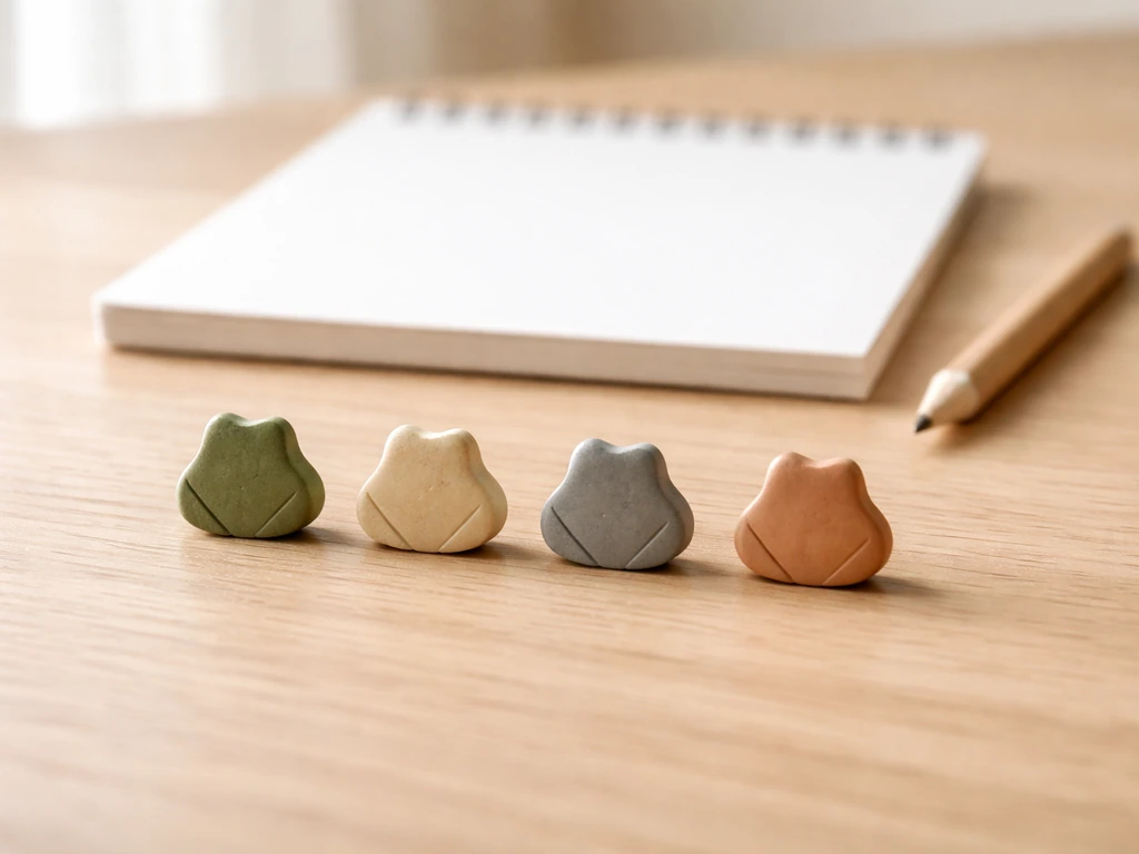 Minimal tabletop scene with four frog/toad icon tokens on a wooden surface and a blank notepad.