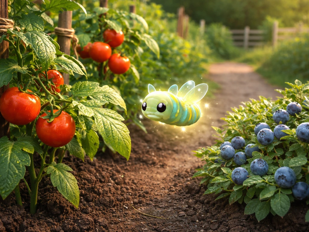 A hovering stylized caterpillar near tomato and blueberry plants in a simple garden bed