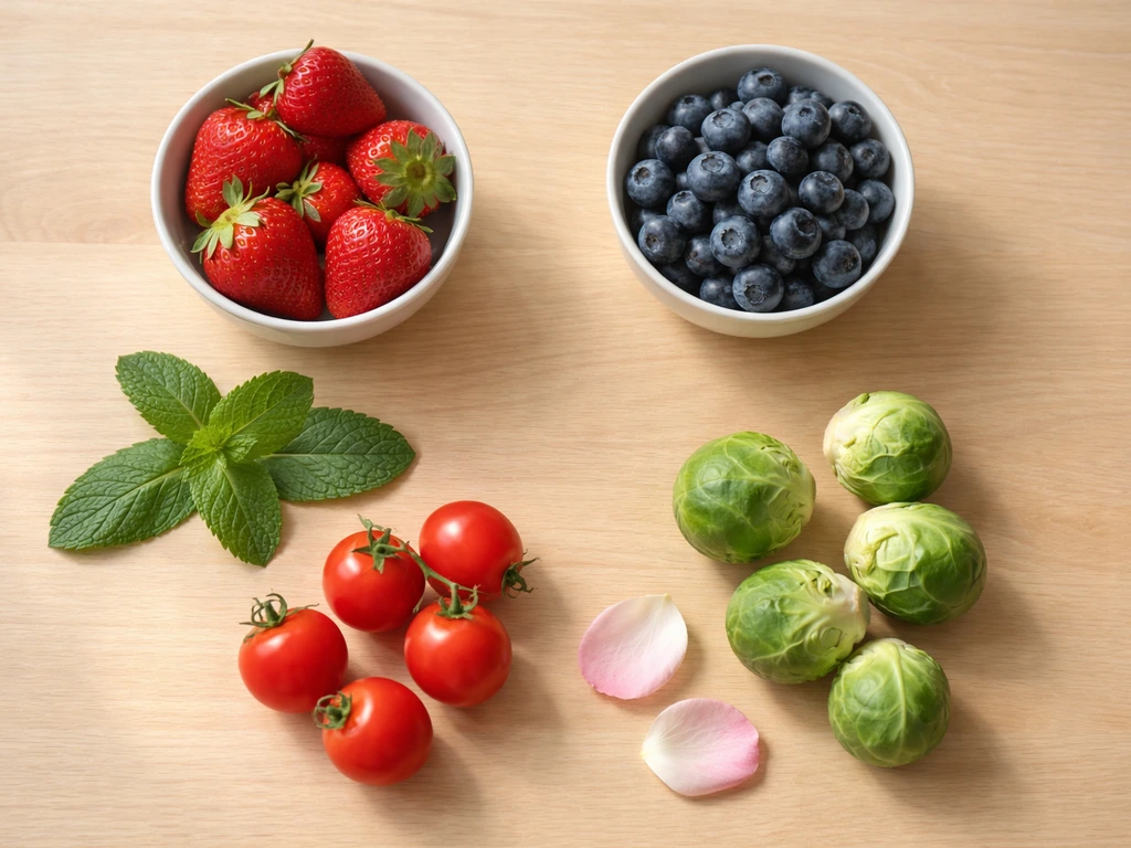 Minimal spread of leafy-tag fruits and vegetables—strawberry, blueberry, mint, tomato, brussels sprouts, rose.
