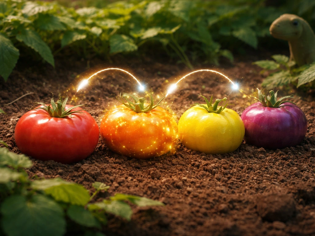 Four fruits in a row, one mutating with a glow and three nearby fruits receiving matching light particles.