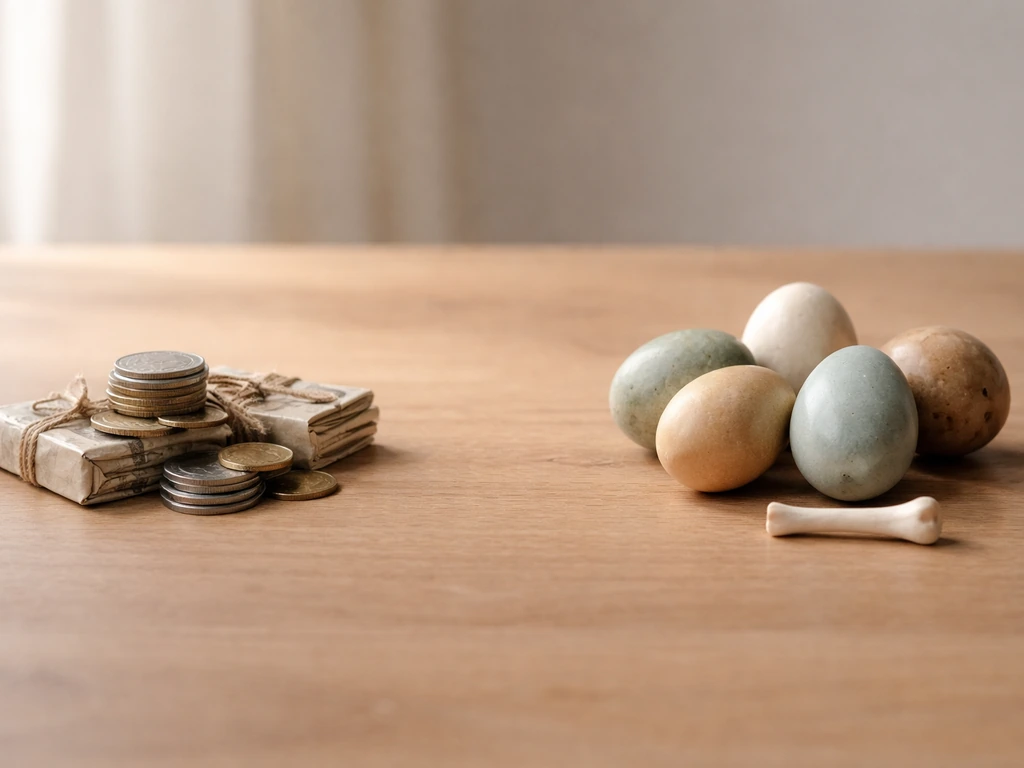 Minimal desk scene showing two small piles of coins and egg-shaped items representing cost vs returns