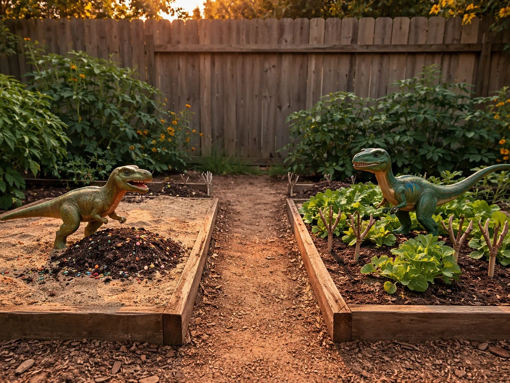 Two small toy dinosaur figures in separate garden beds, implying different pet effects side-by-side.