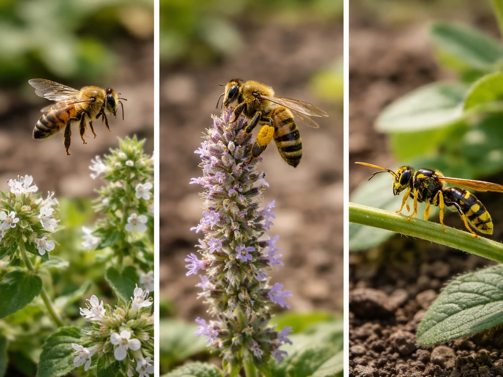 Honey bee and wasp near flowering herbs in a simple farm garden, showing different behaviors.