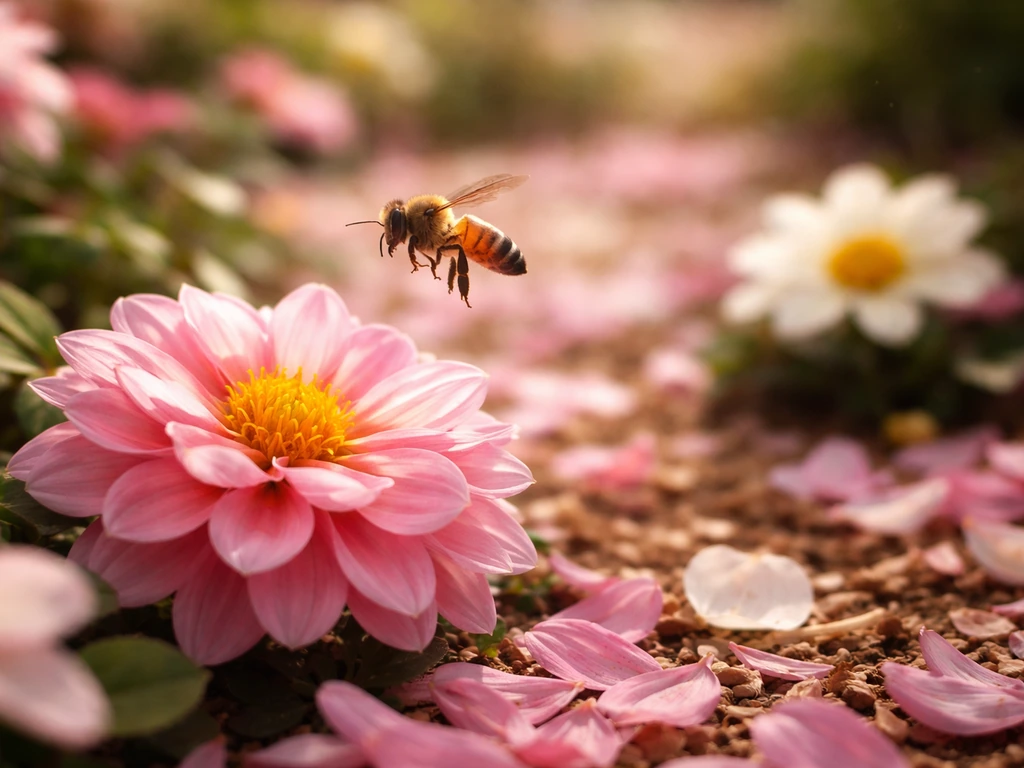 Honey bee hovering over a flower with abundant petals, with a simpler flower blurred in the background.