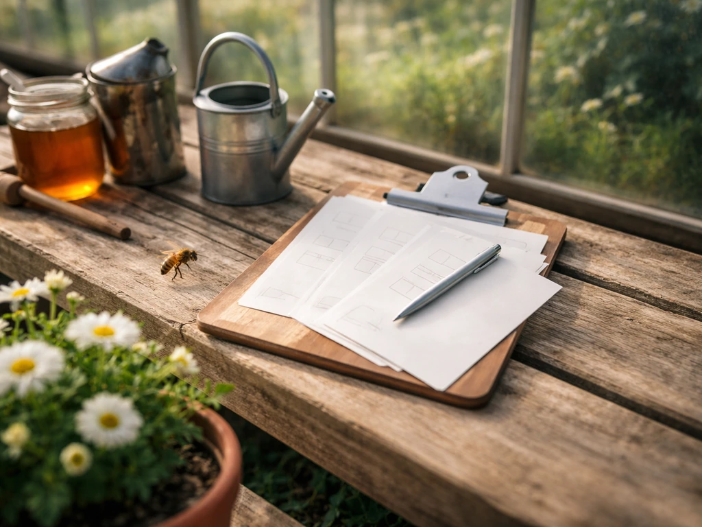Sunlit greenhouse bench with a blank checklist, honey jar, beekeeping tools, and a honey bee near flowers.