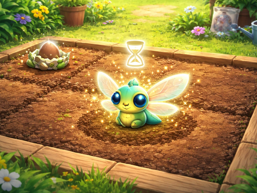 Bug egg hatched and the resulting bug pet is sitting on the garden plot