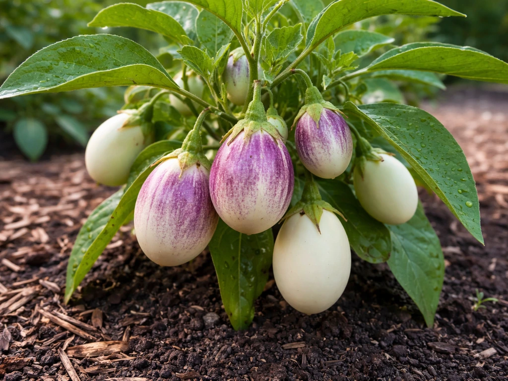 An Easter Egg plant thriving in a garden bed with vivid egg-shaped fruits ready for harvest