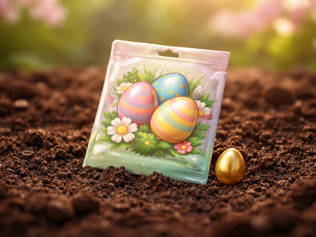 In-game close-up of an Easter Egg seed packet and egg icon on dark soil, spring-themed light.