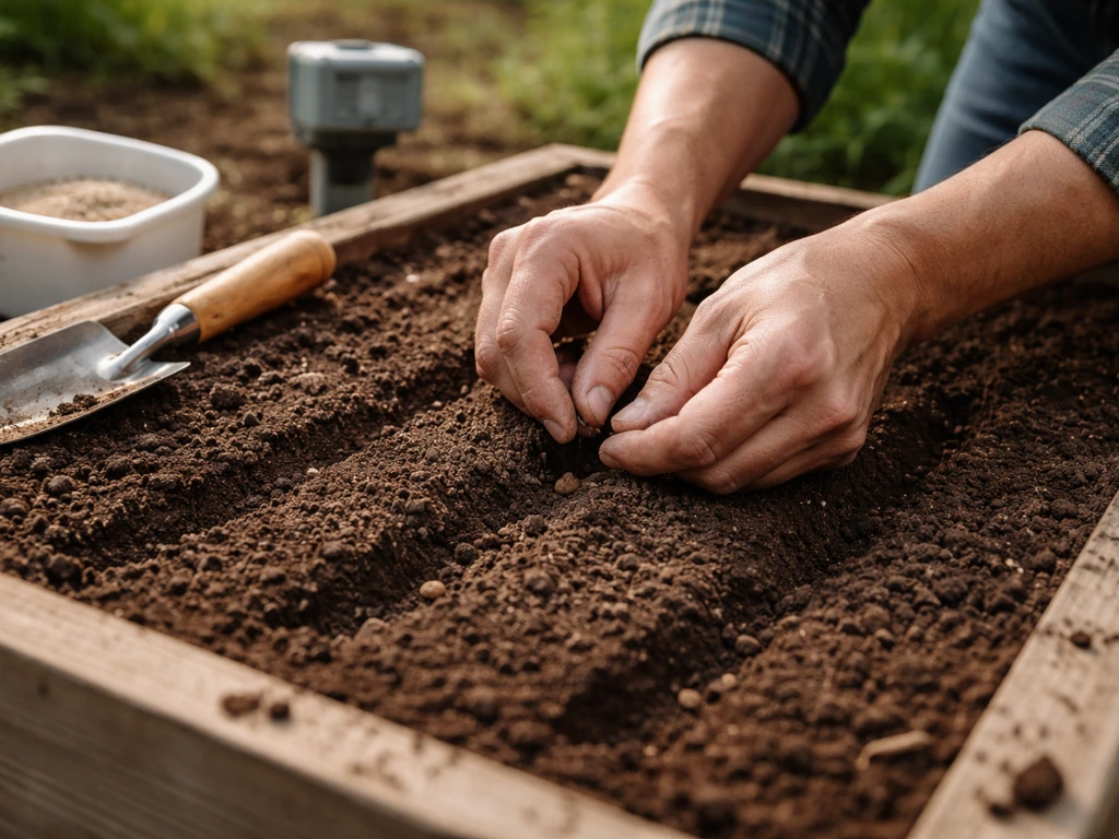 Gardener hands placing small seeds into soil in a raised bed beside a simple garden tool and fertilizer