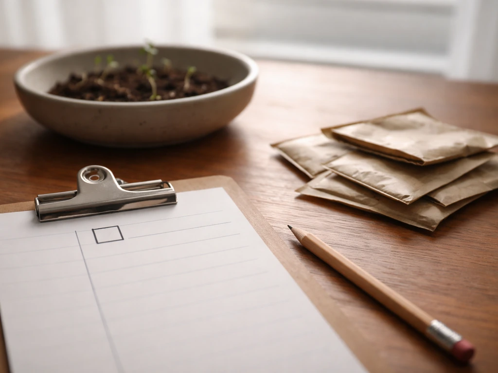 Empty checklist and sparse sprouts on a wooden table, suggesting a seed isn’t worth planting.