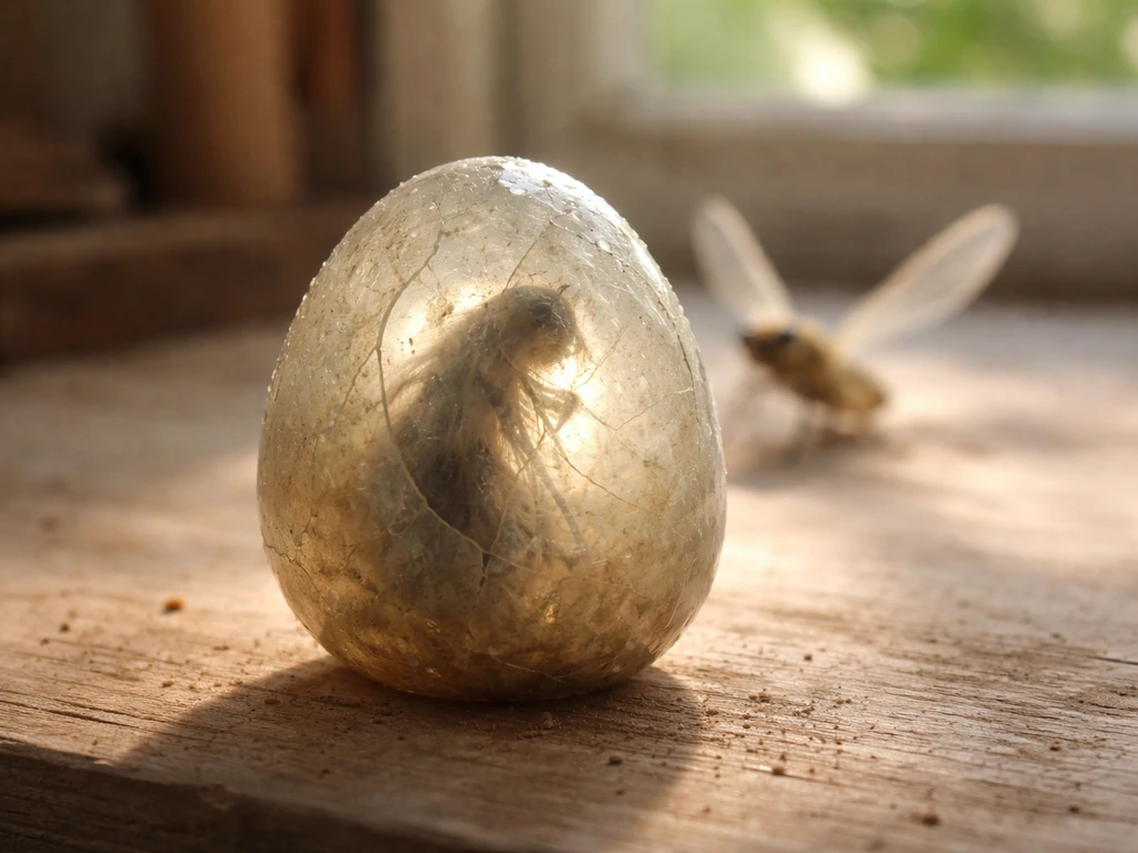 Close-up of a bug egg on a hatch table with a dragonfly hatching in the background.