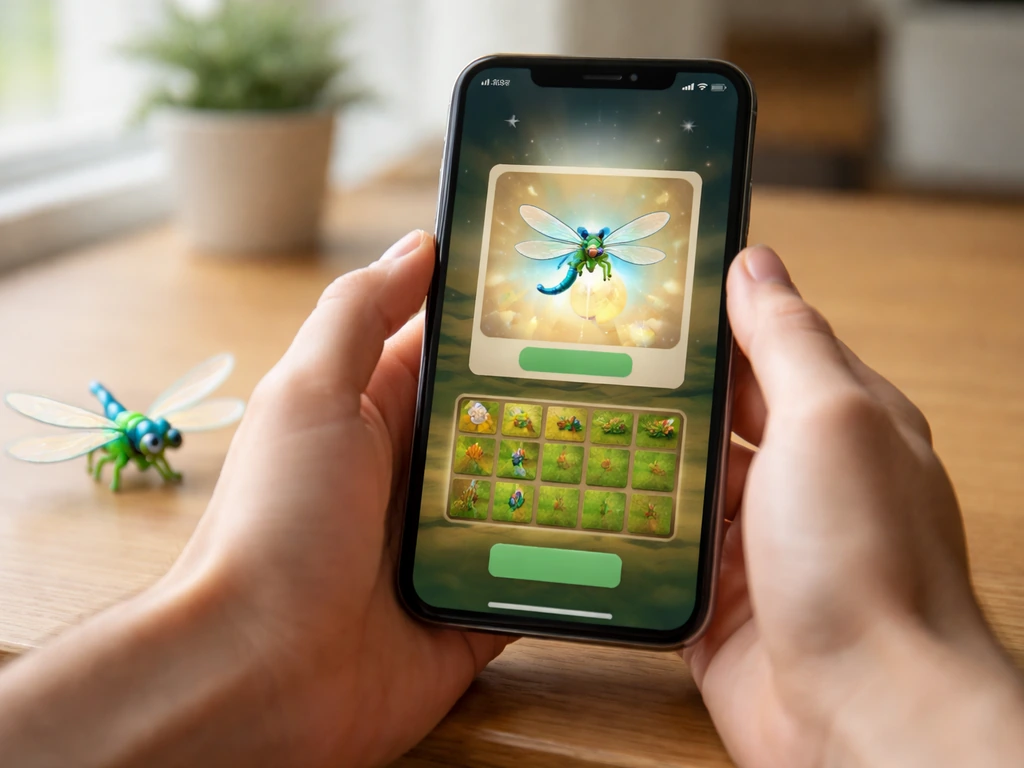 Hands holding a smartphone showing a hatch notification and a game inventory item named Dragonfly