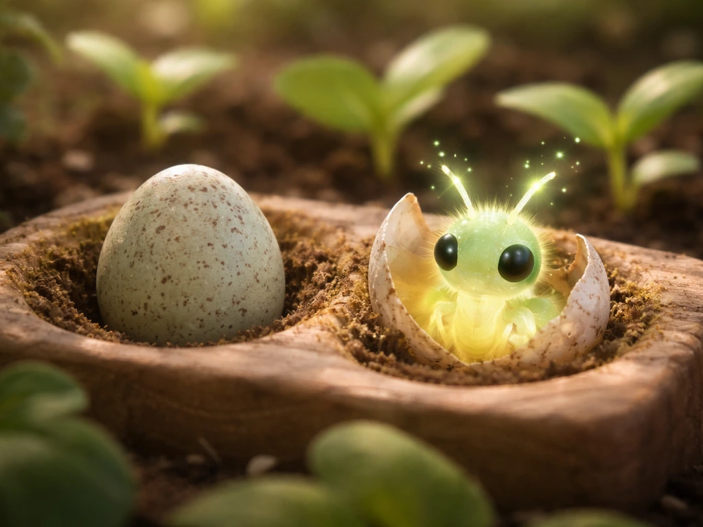 A bug egg in an egg slot with a newly hatched bug and nearby healthy seedlings.
