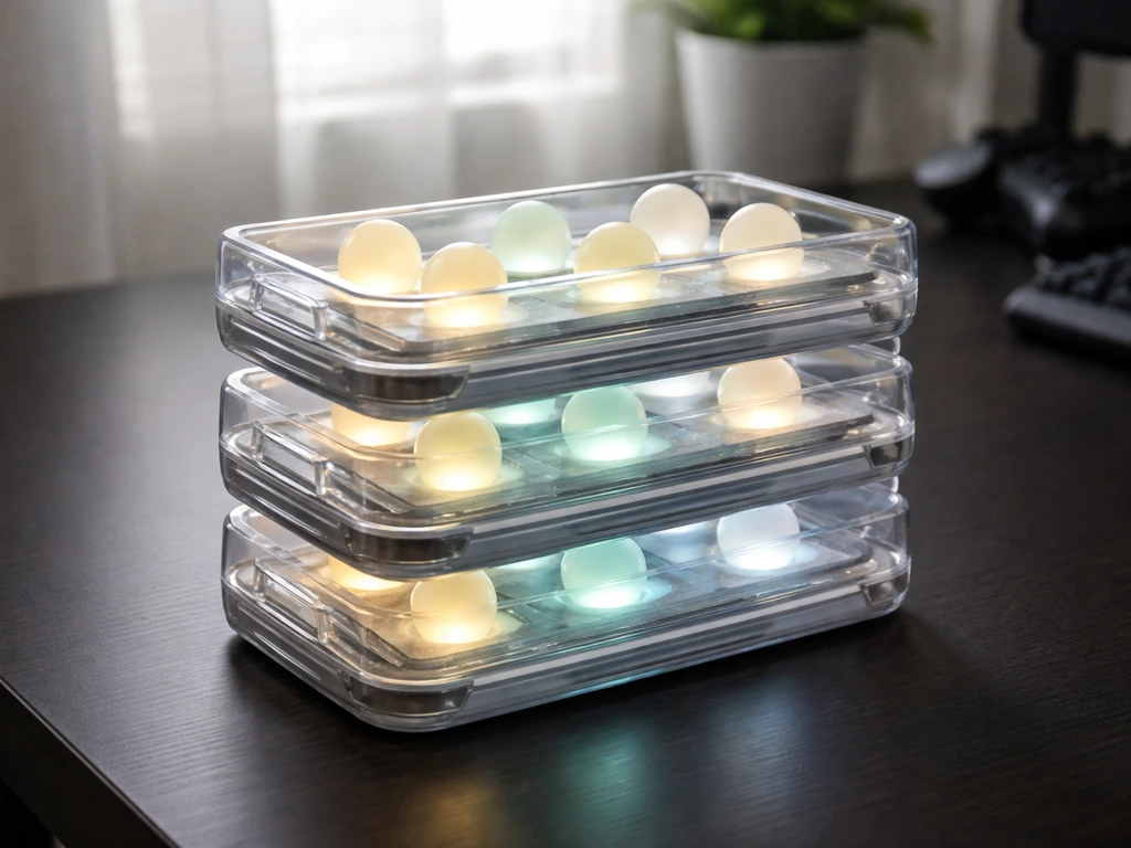 Three stacked egg incubator trays with glowing eggs to imply parallel hatching timers.