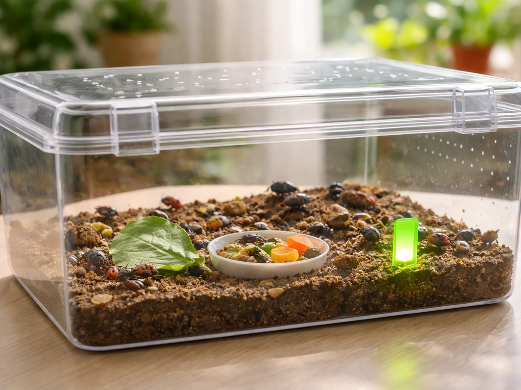 Clear view of an active insect enclosure with feeding materials and a visible sign of feeding status.