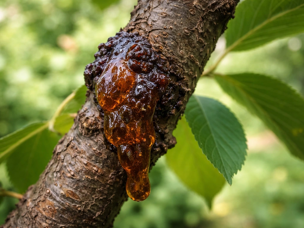 Close-up of aged amber-gold resin on a healthy plant stem, showing an “old amber” mutation stage.