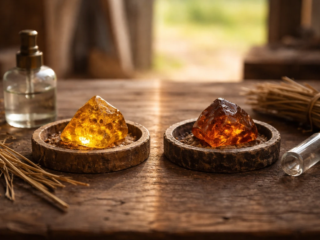 Rustic farm workbench with two small amber crystals labeled by color and subtle harvesting time cues