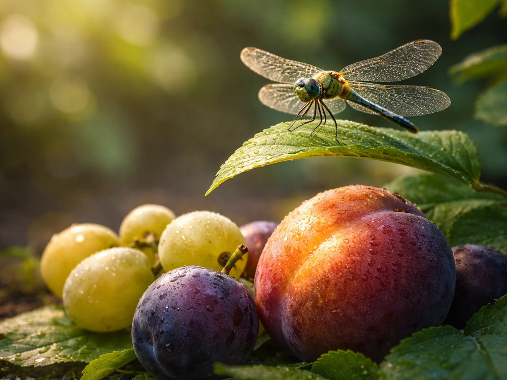 Dragonfly perched on a leaf above garden fruit, one fruit with a subtle golden sheen in sunlight