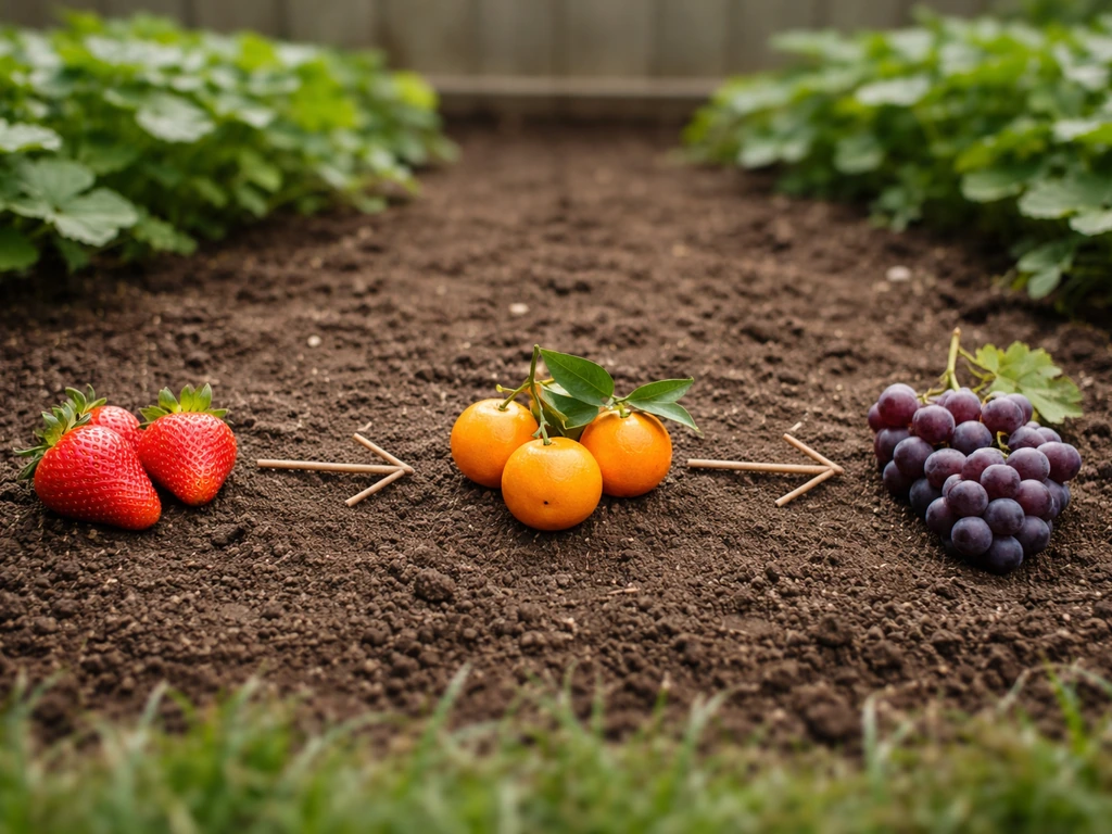 Curated fruit lineup in a small garden bed with clear arrows showing how to arrange crops for a dragonfly to target.