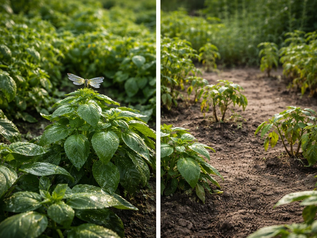 Split scene showing a lush premium-crop garden with a dragonfly nearby versus a sparse garden in short-session play.